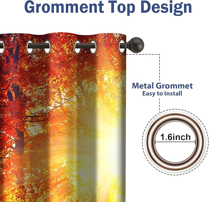 Jekeno Forest Blackout Curtains Jungle Autumn Tree Orange Leaves Sunlight Print Fall Nature Scenic Decor Home Bedroom Living Room Grommet Window Drapes 2 Panel Set, 52"x63"
