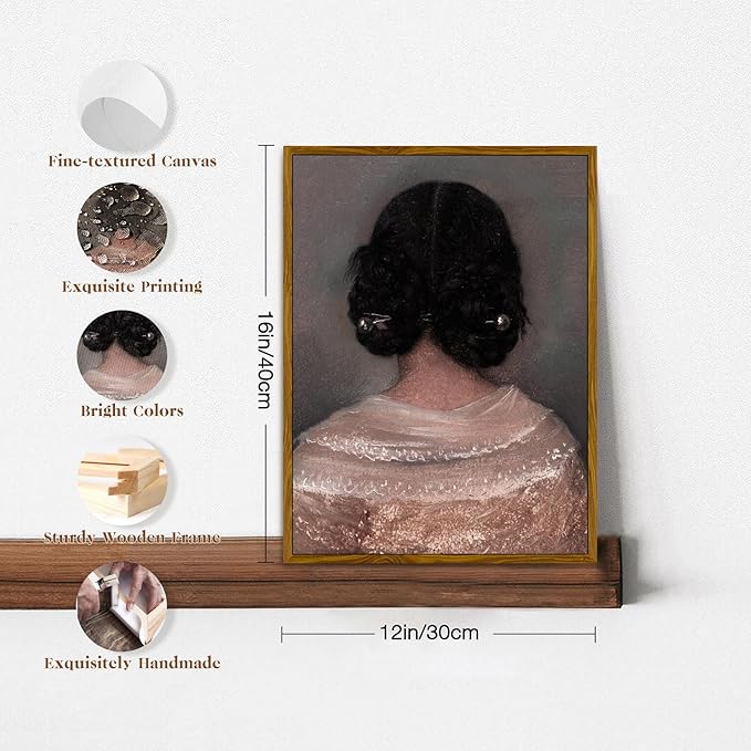 crmotu Vintage Framed Wall Art, Woman Back Portrait Canvas Painting, Elegant Lady Retro Artwork Prints, Classical Aesthetic Pictures Wall Decor Living Room Bedroom Bathroom Home Office 12x16in