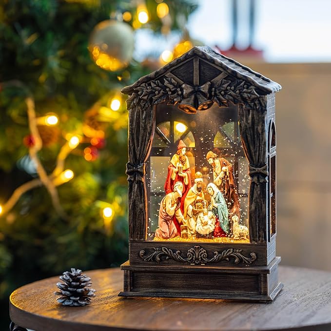 Christmas Snow Globe Lighted Manger Nativity Scene, Musical Window Water Lantern Play Silent Night Music in Swirling Glitter, Holiday Decorations Gifts for Family, Children or Friends