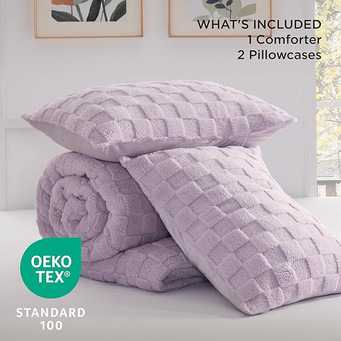 Bedsure Queen Fluffy Comforter Set, Light Purple Plush Fleece Bed Set, Checkered Farmhouse Boho Soft Warm Bedding for Winter, 3 Pieces, 1 Comforter (90"x90") and 2 Pillowcases (20"x26")