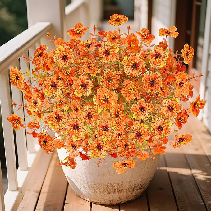 Agusbagli 24Pcs Artificial Fall Flowers Outdoor Autumn Fake Flowers UV Resistant Faux Plastic Greenery Shrub Plant for Wedding Home Garden Window Box Fireplace Thanksgiving Christmas Decor Orange