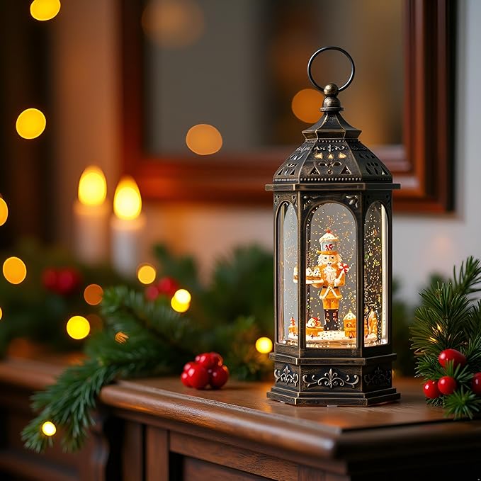 Animated Gingerbread Nutcracker with Moving Figurines Lighted Water Lantern, USB Lined/Battery Operated Snow Globe for Christmas Festival Decoration Gifts