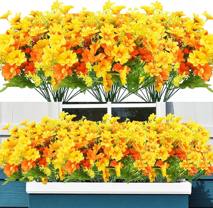 Uieke 24 Bundles Artificial Fall Flowers for Outdoors Fake Daisy Mums Flowers UV Resistant Autumn Flowers No Fade Indoor Outside Home Wedding Garden Porch Fall Décor (Orange Yellow)