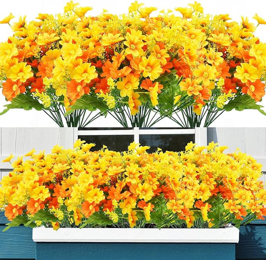 Uieke 24 Bundles Artificial Fall Flowers for Outdoors Fake Daisy Mums Flowers UV Resistant Autumn Flowers No Fade Indoor Outside Home Wedding Garden Porch Fall Décor (Orange Yellow)