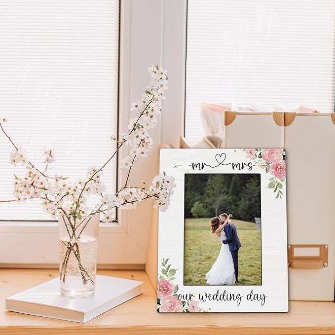 Wedding Picture Frame 5x7, Engagement Photo Frame, Engagement Gifts for Couples Newly Engaged, Mr and Mrs Our Wedding Day Couples Wooden Picture Photo Frames for Desk Home Room Decor