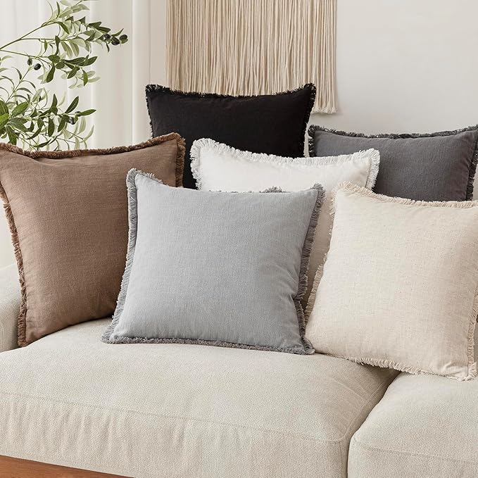 Foindtower Set of 2 Decorative Linen Fringe Throw Pillow Covers Cozy Farmhouse Cushion Cover with Tassels Accent Pillowcase for Couch Chair Sofa Bed Living Room Home Decor,24×24 Inch,Light Rustic Gray
