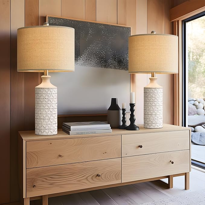 PoKat 24'' Lamps for Night Stands, Ceramic Table Lamps for Living Room, Modern Nightstand Lamps Set of 2, Bedroom Lamps for Bedside End Table, Bedroom, Living Room, White