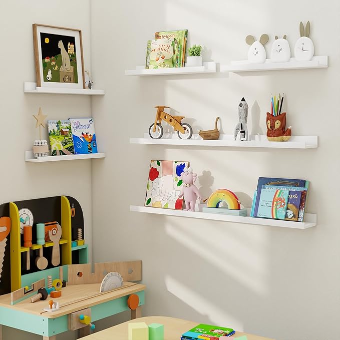 Axeman Picture Ledge Shelf, Floating Shelves for Wall Decor Storage Set of 6, 36 inch Floating Wall Mounted Shelves, Wall Shelves with Lip for Living Room, Bedroom, Nursery, Bathroom, Kitchen, White