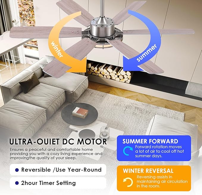 Ceiling Fans with Lights and Remote/APP Control, 52 Inch Flush Mount Ceiling Fan,11in 30W LED Ceiling Light, 3CCT, Quiet DC Motor Ceiling Fans for bedroom,Kitchen Brushed Nickel