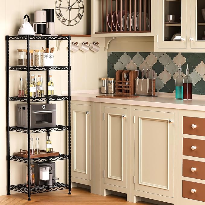 GIOTORENT 6-Tier Storage Shelves Standing Shelving Metal Units, Adjustable Height Wire Shelf Display Rack for Pantry Laundry Bathroom Kitchen 16.6” x 11.8” x 63”, Black
