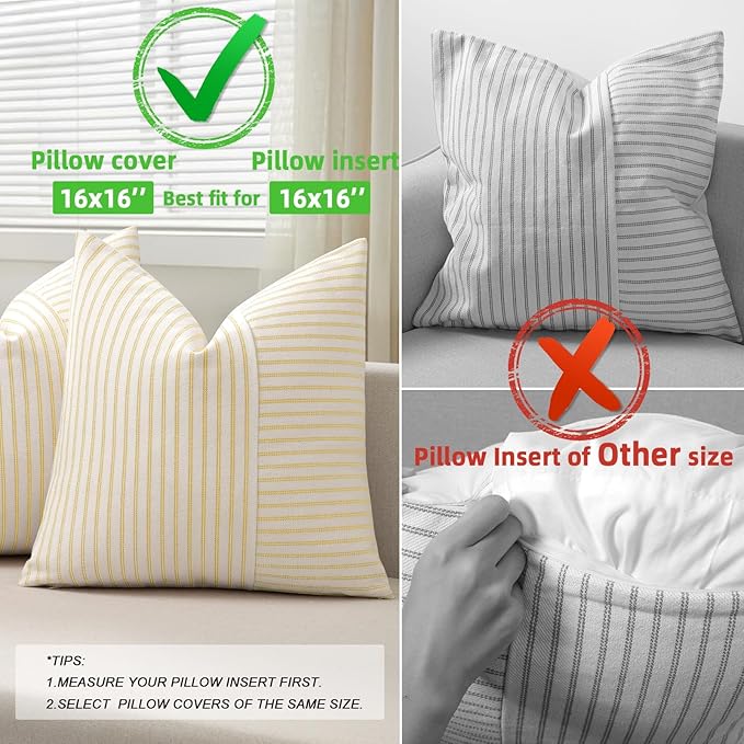 Farmhouse Pillow Covers 16x16, Modern Accent Square Throw Pillow Covers Set of 2, Yellow and Beige Striped Patchwork Linen Decorative Pillows Cushion Covers for Couch Chair