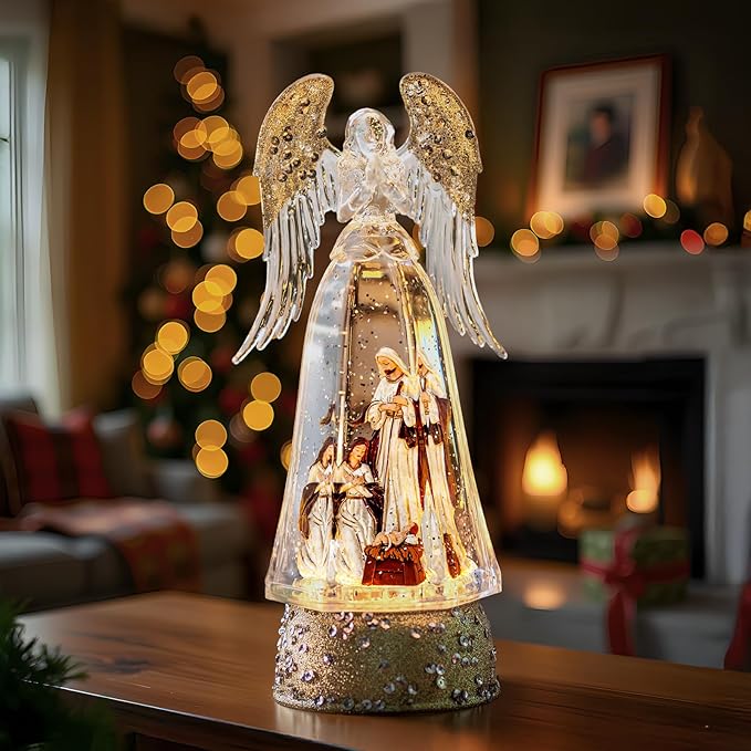 Christmas Snow Globe Lantern Water Glittering Angel & Nativity with Music & Timer, USB Lined/Battery Operated Lighted Lantern for Christmas Festival Decoration Gifts