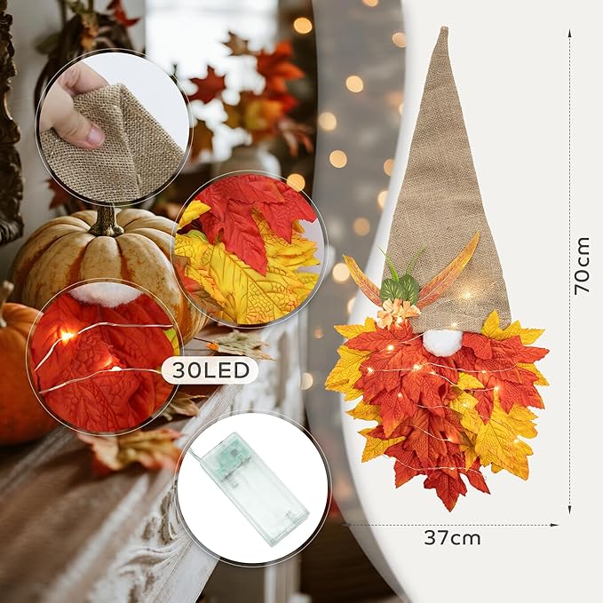 Fall Wreaths Gnome Door Hanging Garland with Maple Leaves LED String Lights, Artificial Maple Leaves Wreath for Autumn Harvest Thanksgiving Decoration Home Indoor Outdoor A