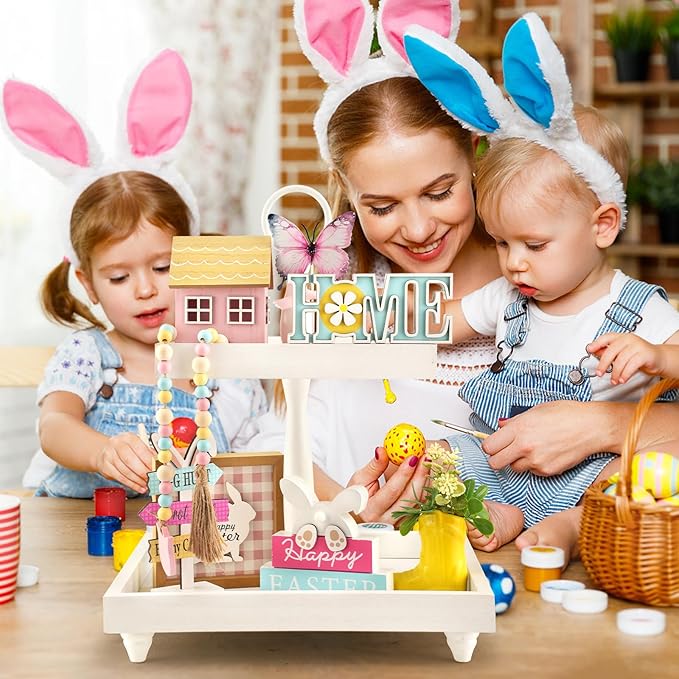 Spring Decorations, 8 Pieces Easter Spring Tiered Tray Decor, Home Office Table Shelf Decor Gifts, Tray Objects Decoration Bundle Bunny Bead Garland Wood Plaques Signs Decorative Ornament Set