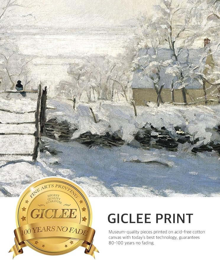 DECORARTS - The Magpie by Claude Monet. Classic Art Reproduction, Giclee Print on Canvas. Ready to Hang Framed Wall Art for Wall Decor. Total Size w/Frame: 26x22