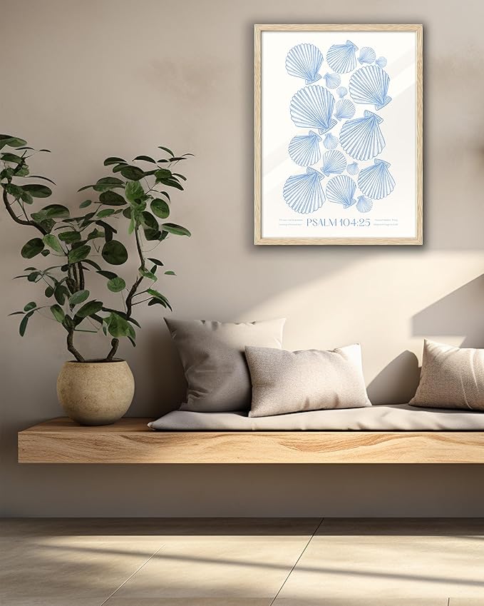 EcoHest Christian Bible Verse Framed Wall Art, 12x16 in OAK Wood Trendy Seashell Nautical Scripture Quote Canvas Wall Art, Psalm 104:25 Home Decor, Beige Logs Set of 1 for Bedroom Living Room