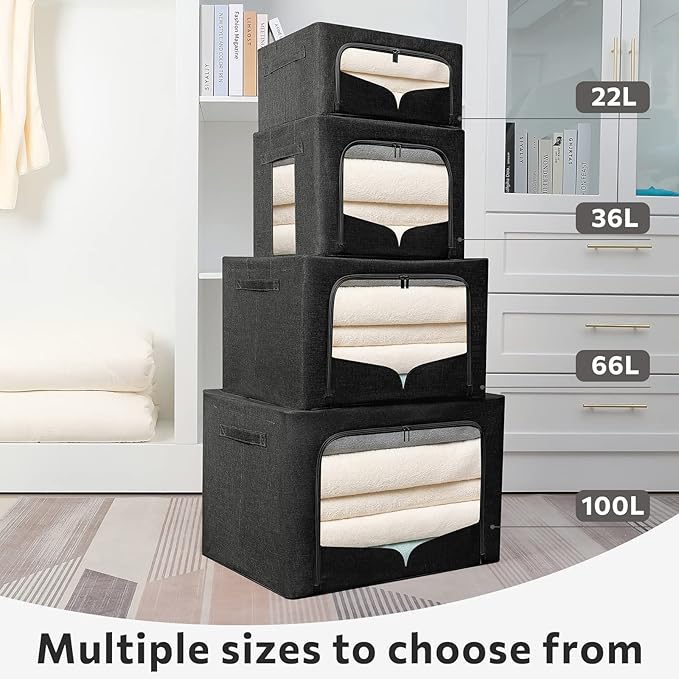 3 Pack Clothes Storage Bins Foldable Metal Frame Storage Box Stackable Linen Fabric Organizer Set with Carrying Handles and Clear Window (Black, 15.7x11.8x7.8inch(22L))