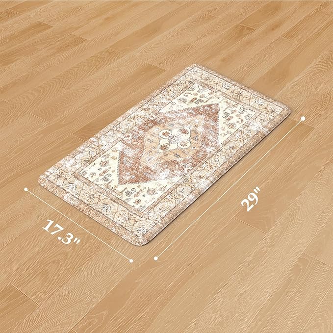 KIMODE Anti Fatigue Kitchen Mats for Floor,17.3" x 29" Cushioned Boho Vintage Kitchen Rugs,Non-Slip Waterproof Kitchen Sink Standing Mat Wipe Clean for Kitchen,Laundry Floor,Mutil-Khaki