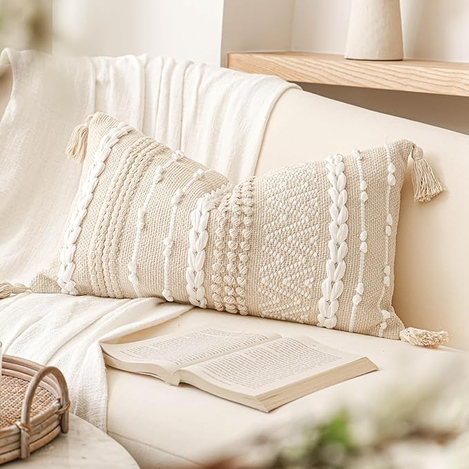 Decorative Lumbar Pillow Cover 14x24, Cream White Boho Accent Throw Pillow Case for Couch Sofa Bed, Modern Farmhouse Textured Lumbar Cushion Bedroom Living Room, Cover ONLY