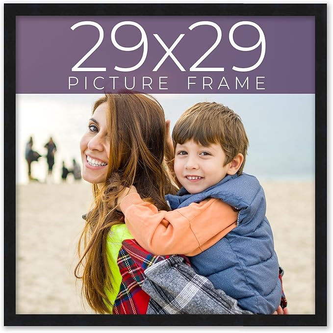 29x29 Frame Black Real Wood Picture Frame Width 0.75 Inches | Interior Frame Depth 0.5 Inches | Noir Classique Mid Century Photo Frame Complete with UV Acrylic, Foam Board Backing & Hanging Hardware