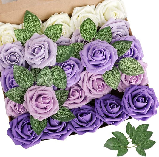 AmyHomie Artificial Flower Seriesc Purple Rose 25pcs Real Looking Fake Roses w/Stem for DIY Wedding Bouquets Centerpieces Arrangements Party Baby Shower Home Decorations