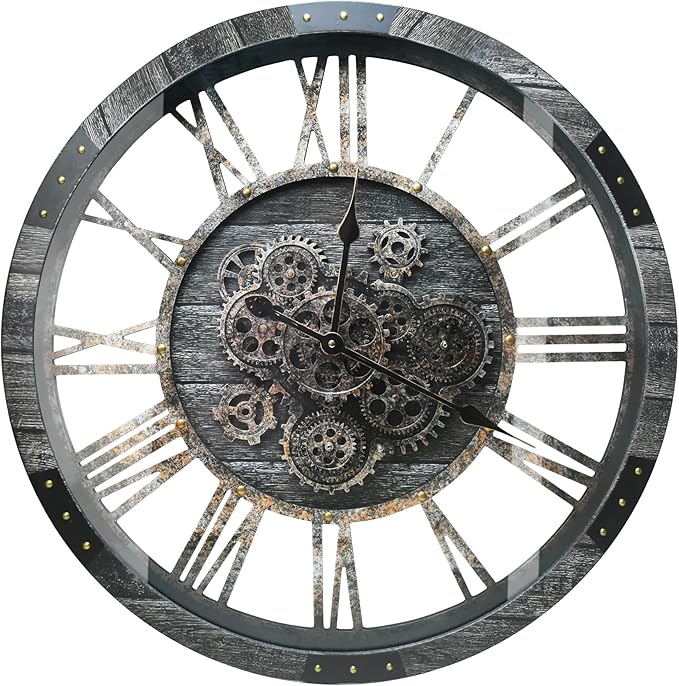 DORBOKER 27" Real Moving Gears Large Wall Clock with Toughened Glass Cover, Giant Wood Farmhouse Clock, Oversized Vintage Industrial Rustic Clock for Living Room Decor Home Kitchen (Carbon Grey)