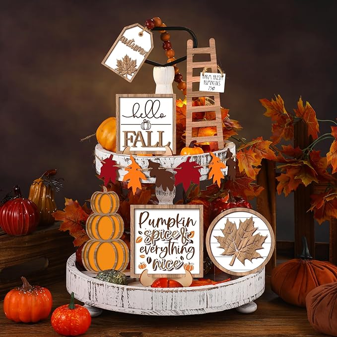 Maitys 13 Pcs Fall Tiered Tray Decor Set Thanksgiving Pumpkin Gnome Rustic Farmhouse Decoration Autumn Decor Autumn Harvest Decorative Trays Wooden Tabletop Signs for Home Kitchen(Rustic Style)
