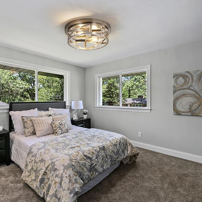 Brushed Nickel Flush Mount Ceiling Light Fixture,2-Light Industrial Farmhouse Ceiling Light Fixture，Brushed Nickel Light Fixture Ceiling Mount for Kitchen Bedroom Living Room 2Pack