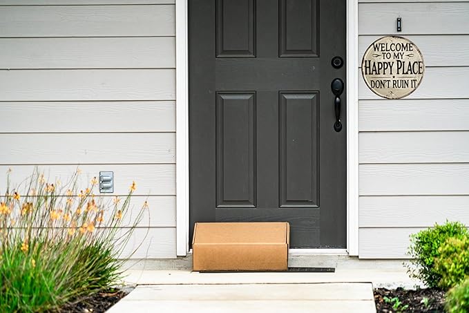 Welcome Sign for Front Door Round Metal Welcome to My Happy Place Plaque for Home Office Bedroom Kitchen Dining or Bar Decor 8x8 In