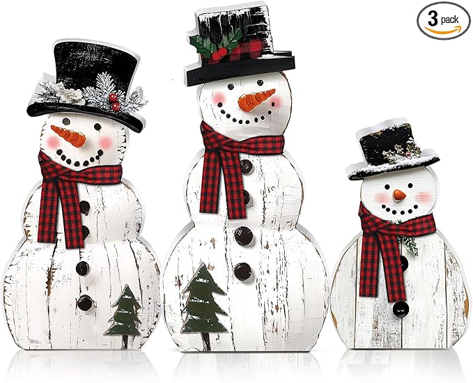 Barydat 3 Pcs Snowman Christmas Decor Winter Wooden Table Decorations, Rustic Snowman Table Centerpieces Block Sign for Xmas Holiday Party Indoor Home Kitchen Office Room Decorations