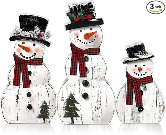 Barydat 3 Pcs Snowman Christmas Decor Winter Wooden Table Decorations, Rustic Snowman Table Centerpieces Block Sign for Xmas Holiday Party Indoor Home Kitchen Office Room Decorations
