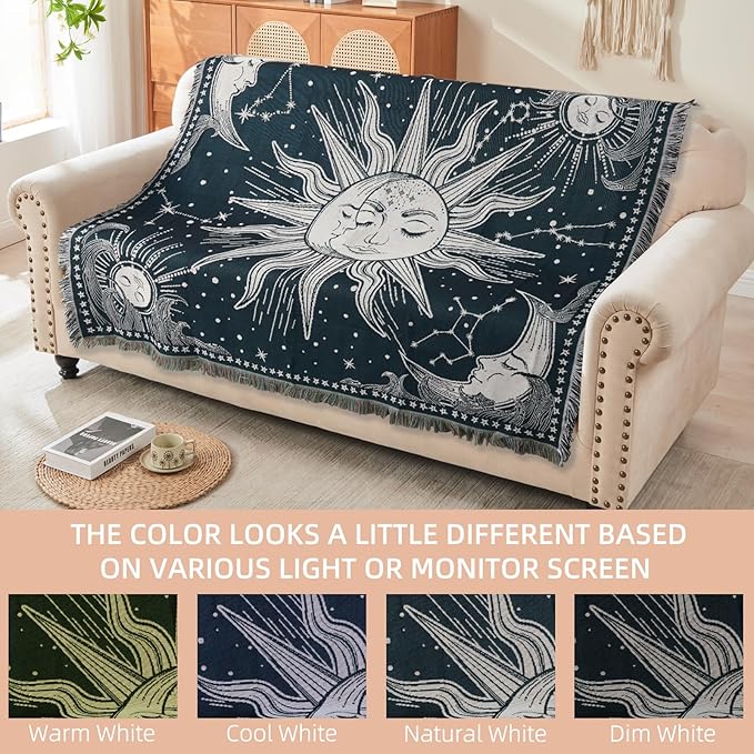 Boho Throw Blanket Reversible Cotton Bohemian Tapestry Hippie Room Decor Outdoor Blanket Double Sided (Navy Sun Moon 50"x60")