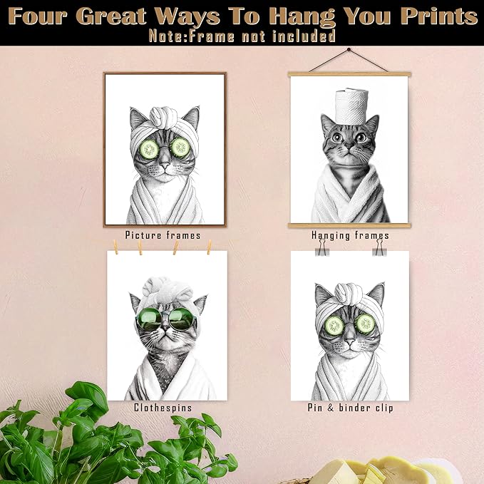 FITIE Funny Cat Bathroom Wall Art Prints Set of 3, Black and White Funny Cat Wall Art Posters for Bathroom Washroom Restroom Decor, 8x10 Unframed