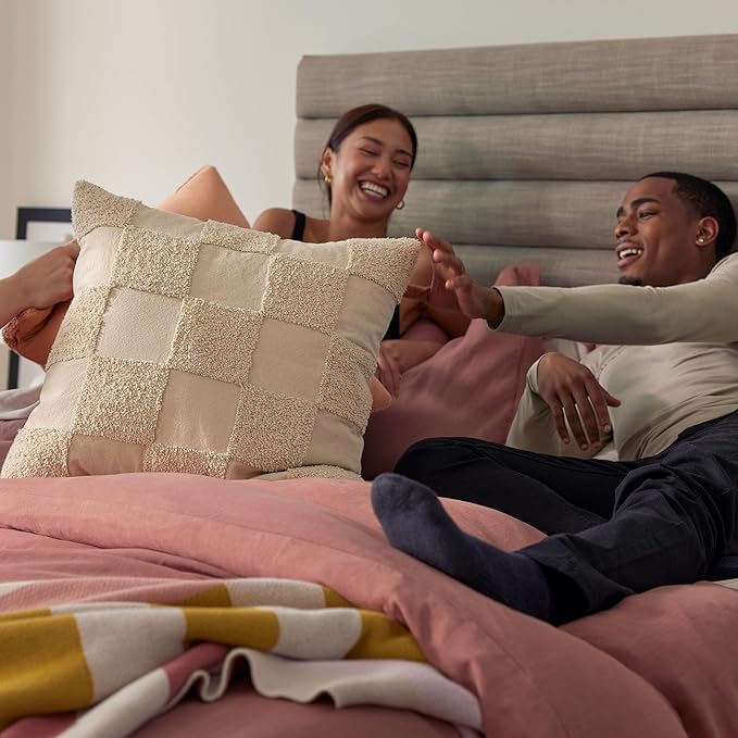 Double Stitch 100% Cotton Throw Pillow Covers - Checkered Tufted Boho Decorative Pillow Covers 18x18, Made in India, Square Cushion Case, Modern Home Decor for Couch, Sofa, Living Room, Oat