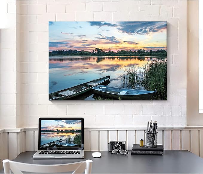 Lake Landscape Canvas Wall Art: Modern Colorful Sunset Scene Prints Nature Green Reed Boat Painting Wilderness Forest Shore Gallery Artwork Sunrise Skyline Scenery Picture for Bedroom Bathroom