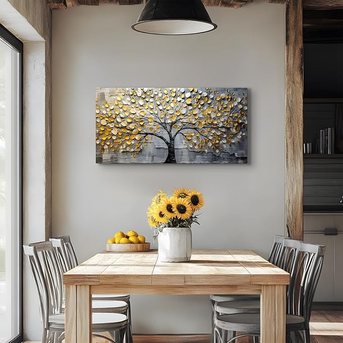 crmotu Tree of Life Large Wall Art, Neutral Golden Tree Canvas Art Prints, Gray and Gold Modern Home Decor Aesthetic Painting, Abstract Pictures Wall Decor Living Room Bedroom Bathroom Office 20"X40"