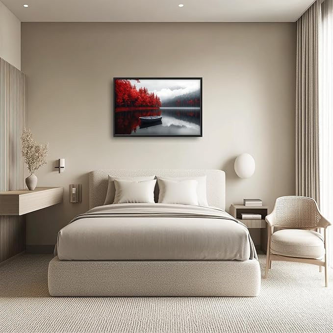 Olivine Lake Large Wall Art, Red Forest Pictures Wall Decor, Black And White Landscape Paintings, Boat Canvas Prints, Framed Artwork for Dining Room Bedroom Living Room Office Bathroom Home 36"x24"