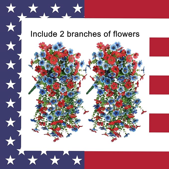 INSPRING Artificial Faux Hanging Flowers Plants for Spring Outdoor Outside Decoration, 2 PCS Fake Silk Daisy with Eucalyptus UV Resistant Realistic Trailing Vines for Balcony Patio Porch (BlueRed)