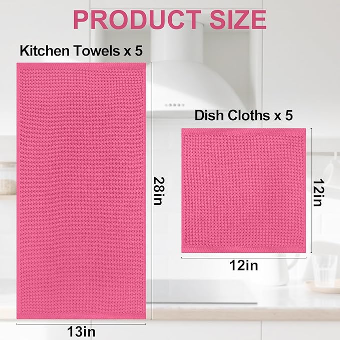 Homaxy 100% Cotton Kitchen Towels and Dishcloths Set, 12 x 12 Inches and 13 x 28 Inches, Set of 10 Bulk Kitchen Towels Set, Ultra Soft Absorbent Dish Cloths for Washing Dishes, Hot Pink