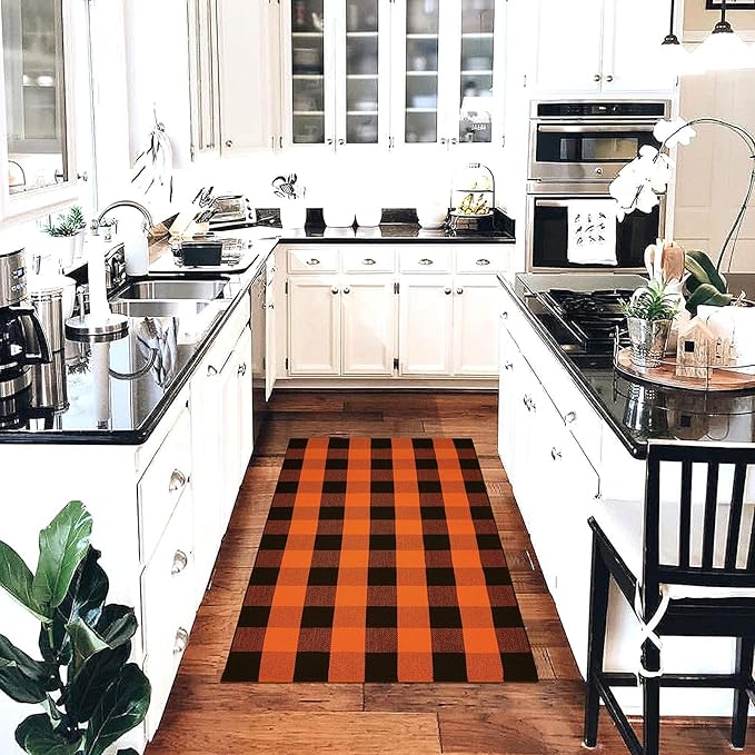 KOZYFLY Buffalo Plaid Rug 3x5 Ft Orange and Black Checke Orange Rug Halloween Fall Door Mat Woven Cotton Washable Area Rugs Door Mat Outdoor Entrance for Front Porch Entryway Fall Decor