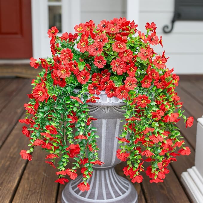 HyeFlora Artificial Hanging Flowers for Outdoors Decoration, 2Pcs Red Fake Spring Summer Decor, Realistic Plants, UV & Fading Resistant Flower for Porch Patio Balcony Planter Yard Home Garland