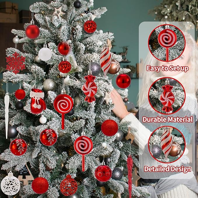 130 Pcs Christmas Ball Ornaments, Christmas Tree Decoration Set Red Christmas Ball Shatterproof Hanging Ornament Decorations for Christmas Tree, Wreaths, and Outdoor Displays (Red)