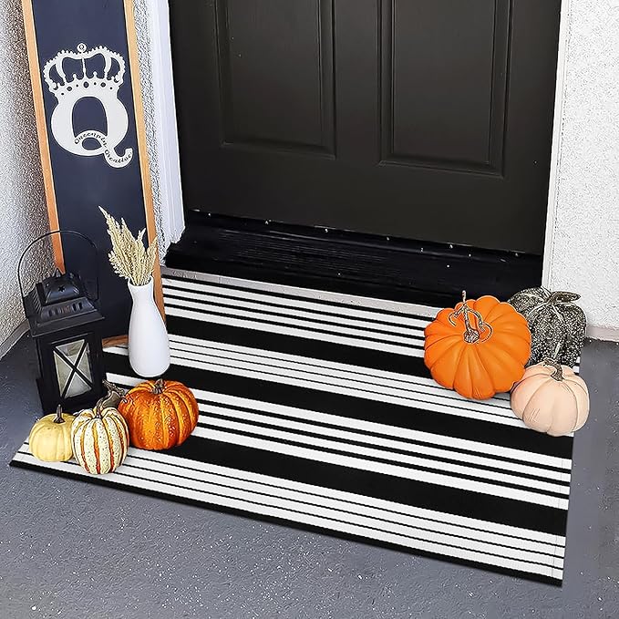OJIA Fall Front Door Mat 24"x35" Black & White Front Door Rug Washable Entry Rug Cotton Handwoven Halloween Indoor Outdoor Doormat Small Area Rugs for Porch/Entrance