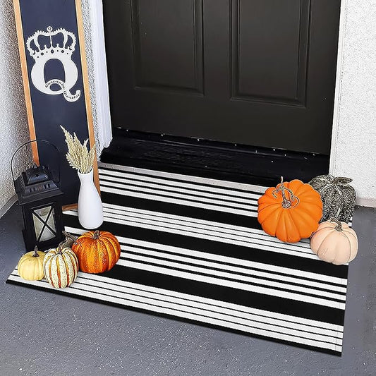 OJIA Fall Front Door Mat 24"x35" Black & White Front Door Rug Washable Entry Rug Cotton Handwoven Halloween Indoor Outdoor Doormat Small Area Rugs for Porch/Entrance
