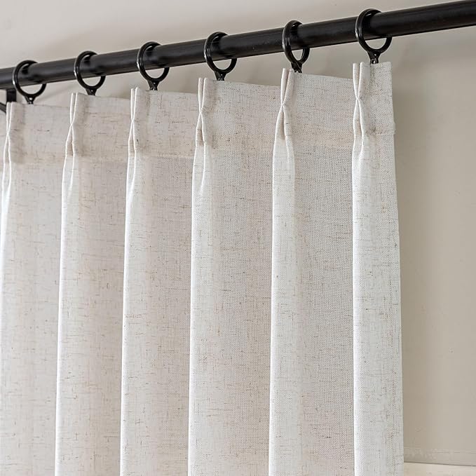 Ivory Pinch Pleated Linen Semi Sheer Curtains 96 Inches Long, Flax Light Filtering Drapes for Living Room Bedroom, White Oatmeal Window Treatments, Rustic Farmhouse Curtain Panels