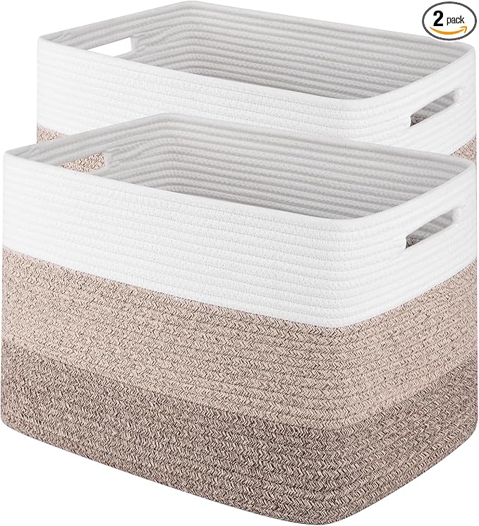 Storage Baskets for Organizing, 2 Pack Woven Basket for Storage, Rectangle Baskets for Shelves Closet Organizers, Toy Basket for Nursery Storage Living Room, Laundry Room, Bedroom (Gradient Brown)