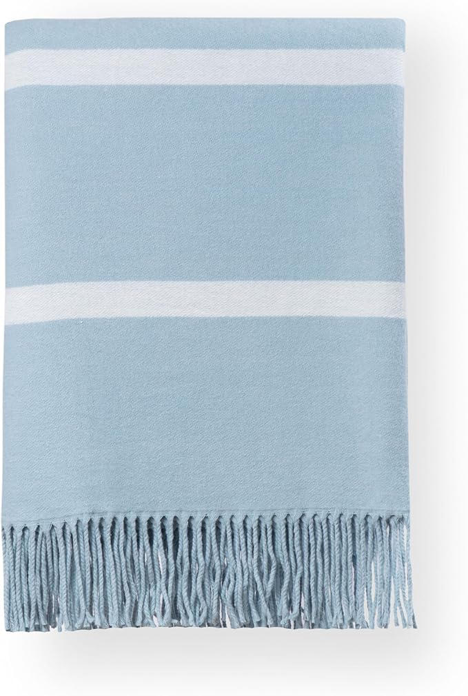Hofdeco Premium Coastal Decorative Throw Blanket for Patio Couch Sofa, Baby Blue White Pinstripes with Fringe, 52"x71"