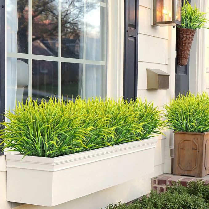 Ouddy Decor 16 Bundles Artificial Plants Outdoor Fake Grass Greenery Stems UV Resistant Faux Plastic Plants Shrubs for Spring Summer Home Garden Pathway Window Box Front Porch Decor, Yellow