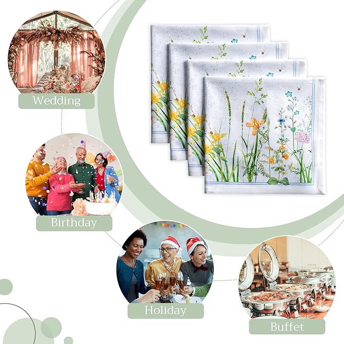 Maison d' Hermine Cloth Napkins Set of 4 100% Cotton Everyday Reusable Square Napkins Cloth Washable, Dinner, Party, Wedding, Restaurant, Spring/Summer (Fleurs De Mai, 20" x 20")