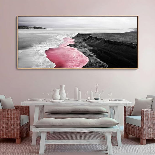 Extra Large Pink Coastal Wall Art - Beach Canvas Wall Decor Black and White Picture for Living Room Bedroom Framed Artwork Ocean Pictures Seascape Painting bedroom Decoration Above Bed Size 70×31Inchs